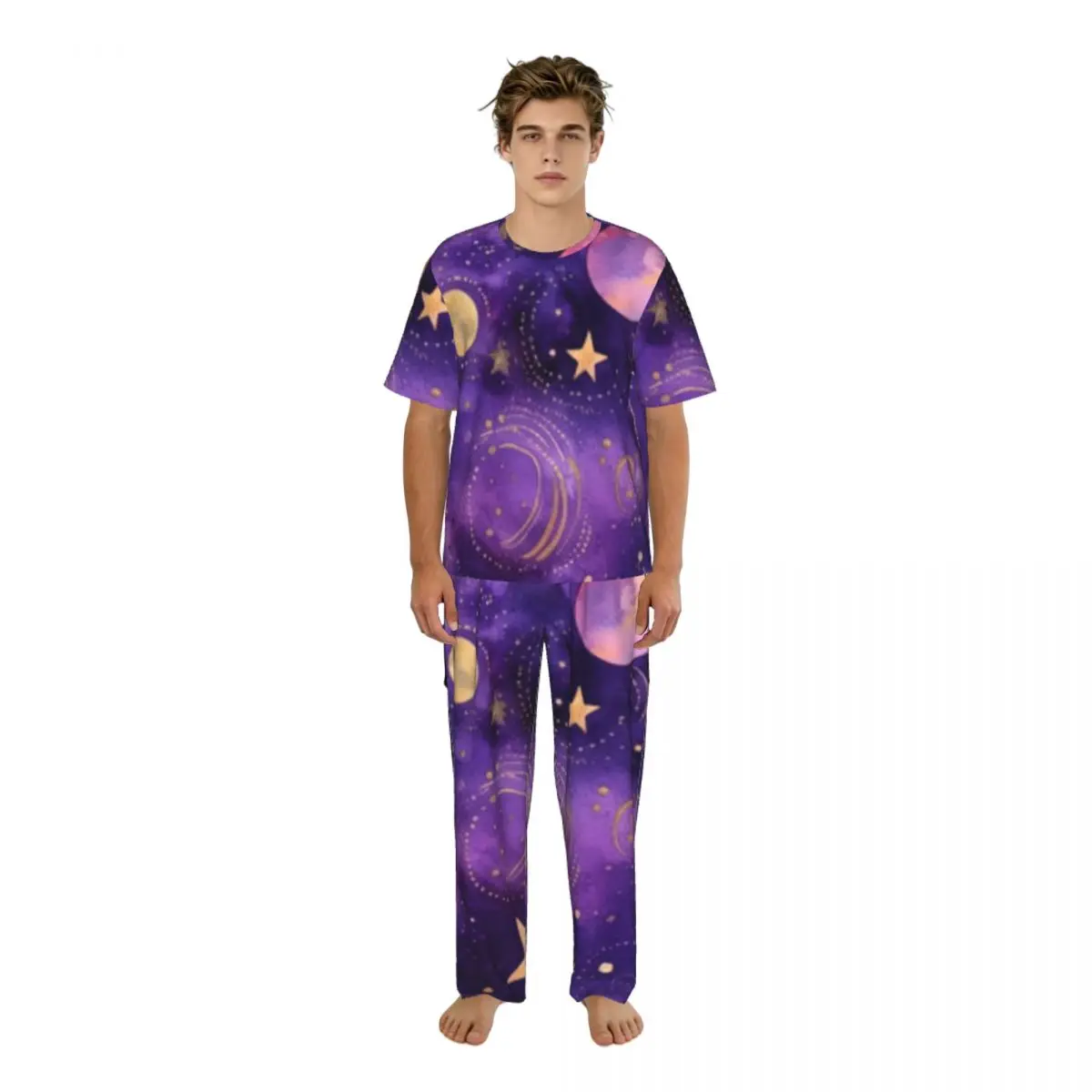 

Мужские повседневные пижамные комплекты с короткими рукавами и брюками, мужская одежда для сна с золотыми звездами и планетами, домашняя одежда