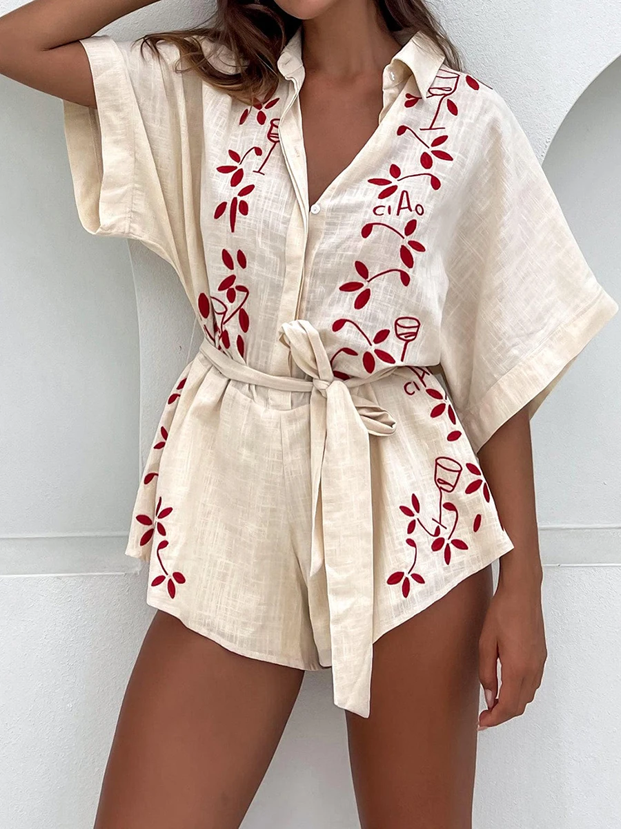 Women\'s Summer Shorts Jumpsuits Heart/Tree/Dot Print Short Sleeve Lapel Button Dwon Loose Rompers Casual Playsuits Beach Street