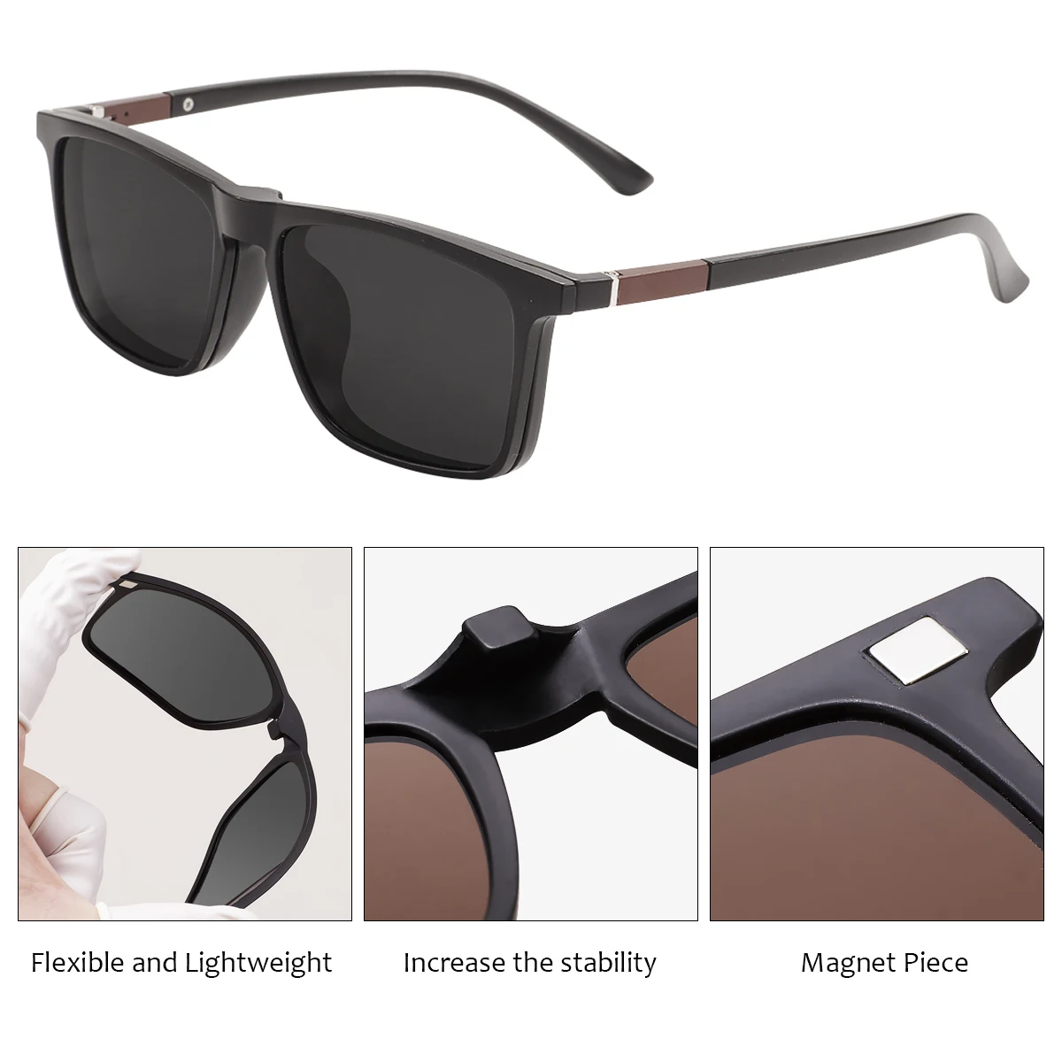 Men and Women Square Full Rim Glasses Frame Polarized Clip on Sunglasses With Colorful Clip Ons For Prescription Lenses