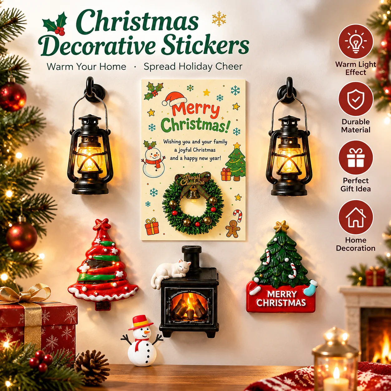 Light Up Christmas Fridge Magnets, Resin Xmas Tree Fireplace Decorative Magnetic Stickers, Winter Home Decoration & Holiday Gift