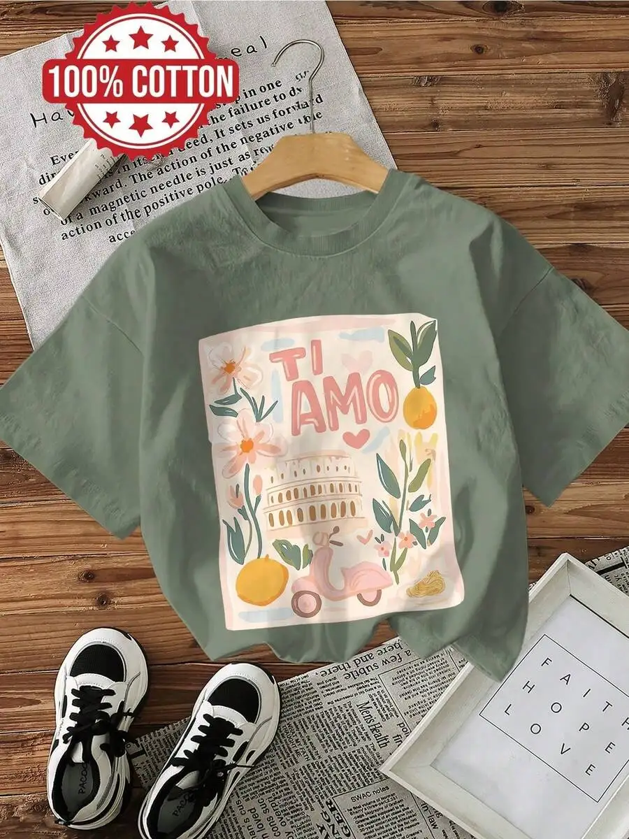 

Artistic Floral Ti Amo Print Cotton T-Shirt Loose Fit Round Neck Short Sleeve Women Summer Top