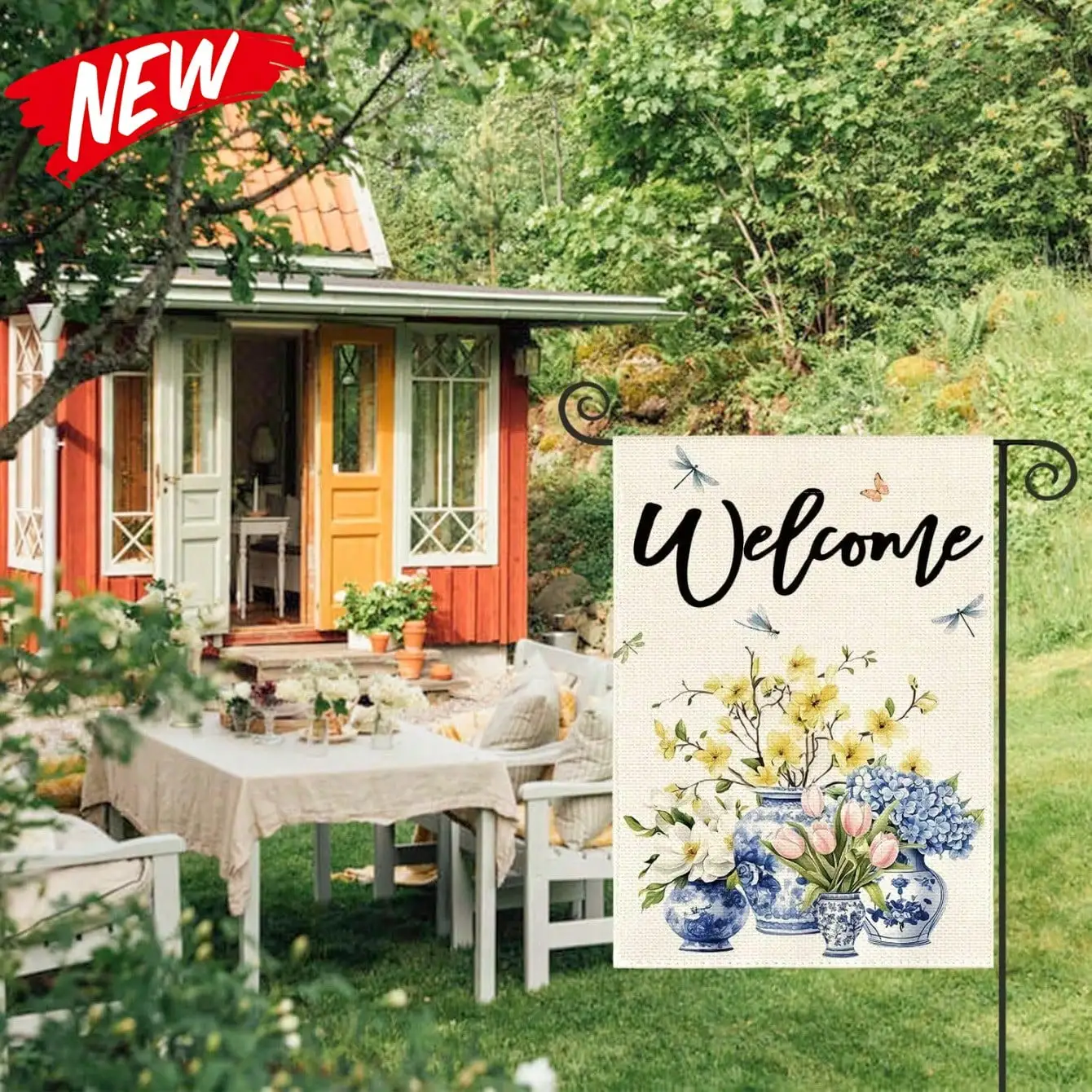 

Винтажный сезонный садовый флаг-приветствие в стиле фермерского дома, весна-лето, сине-белый, в стиле шинуазри, с цветочным узором и распускающими цветами, для улицы и двора