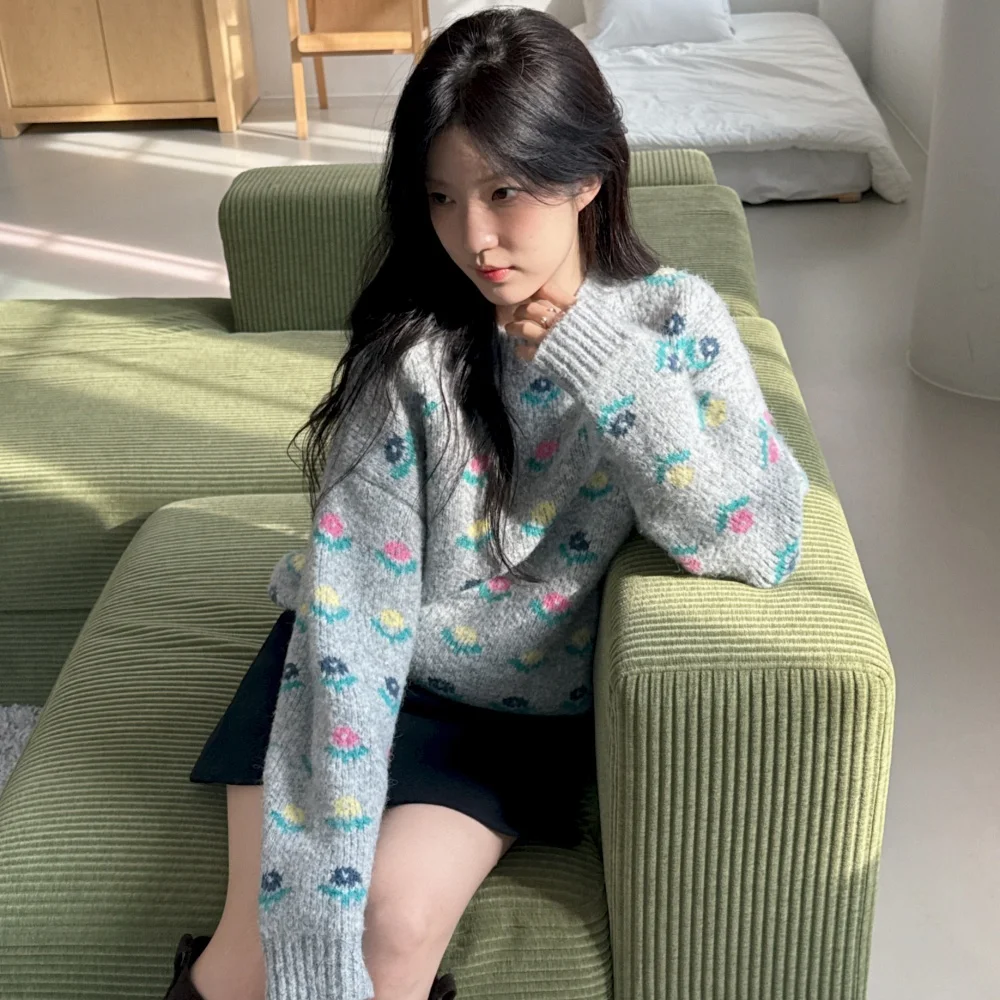 

Faionable round Ne Knitted Sweater Thiened Loose Small Flower Pattern Women's Autumn Winter Spring Warm Comfortable Top