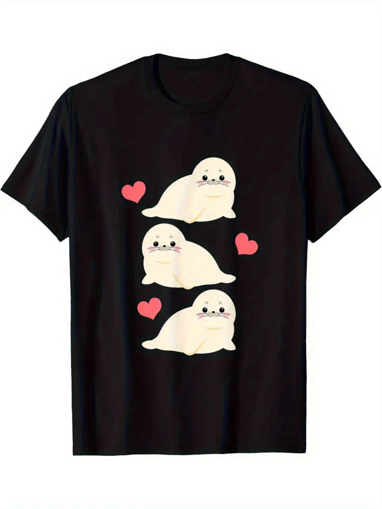 

Men'S Cute Seal & Red Heart Print T-Shirt - Soft Breathable Relaxed Fit Crew Neck Short Sleeve,Retro Casual