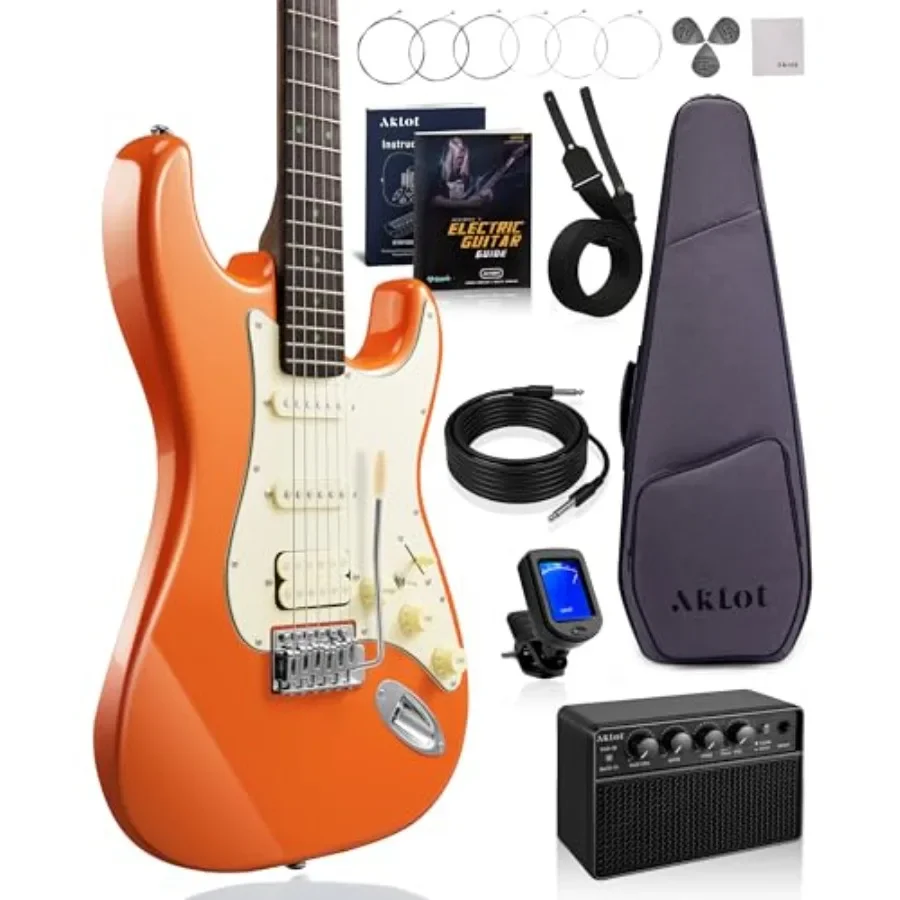 

Beginner electric guitar kit for practice and learning: roasted maple neck, Stryde Blaze Orange finish, HSS coil-split pickups,