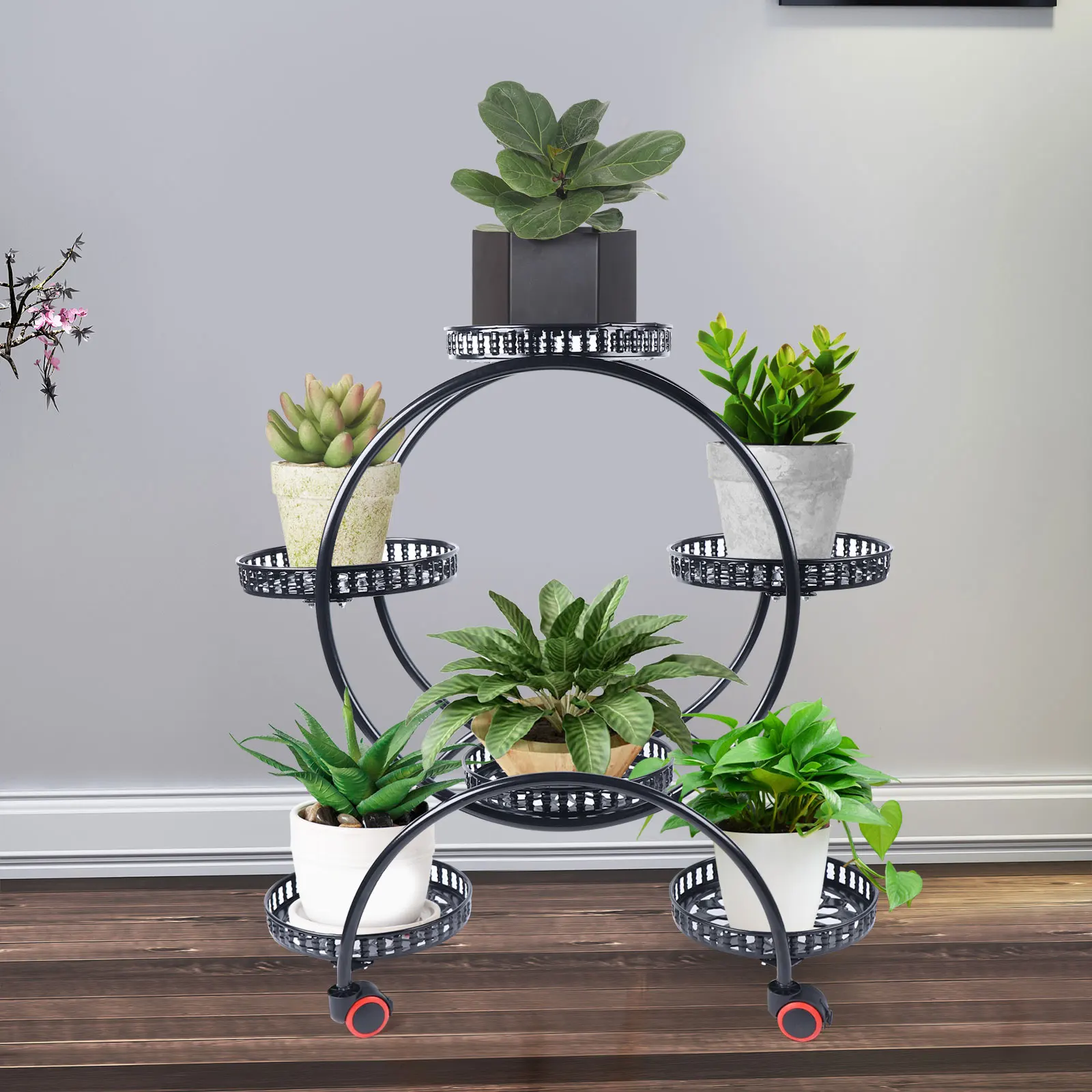 

US SOLD OUT !6 Pots Metal Flower Stairs Black Pot Plant Stand Flower Stand With Wheel For Living Room Office Yard Equipped