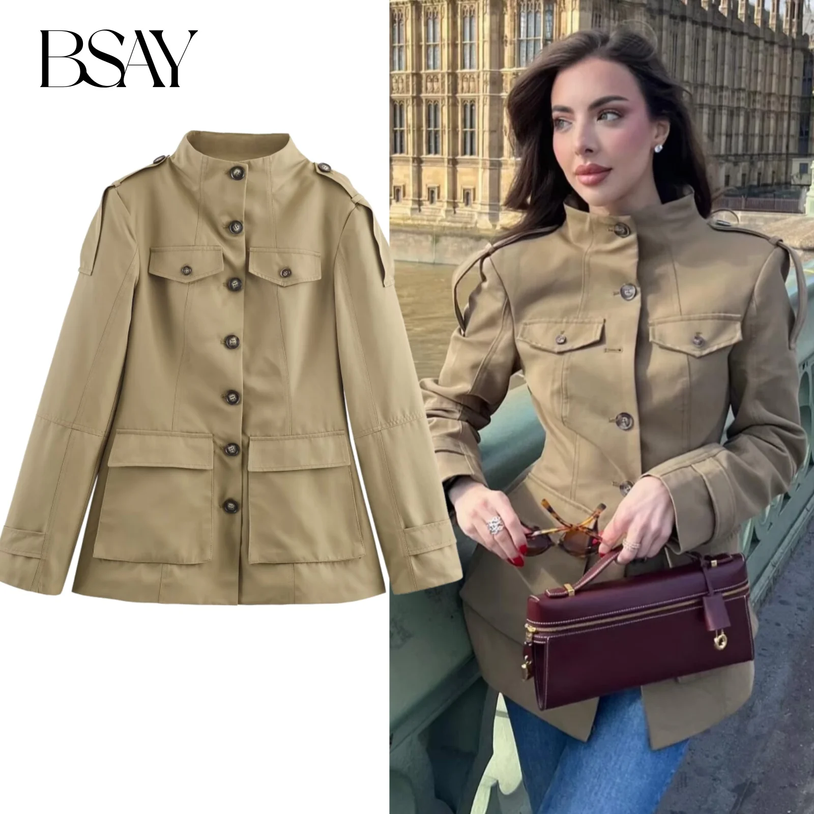 

BSAY stand collar workwear style multi pocket jacket 2025 autumn new France Shoulder strap coats chic ladies tops mujer