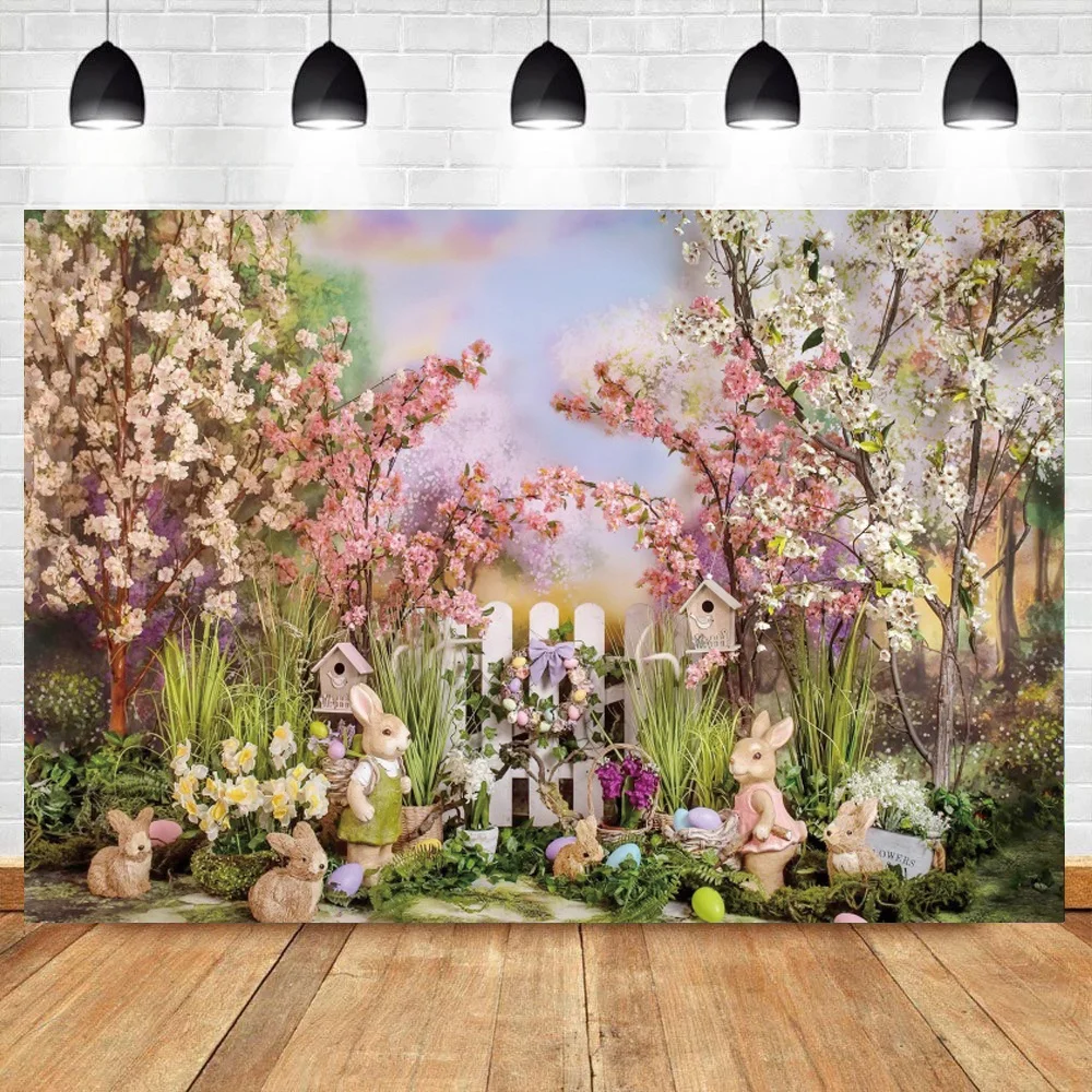 

Spring Garden Easter Photography Backdrop Rabbit Bunny Flowers Eggs Forest Natural Photo Baby Portrait Background Studio