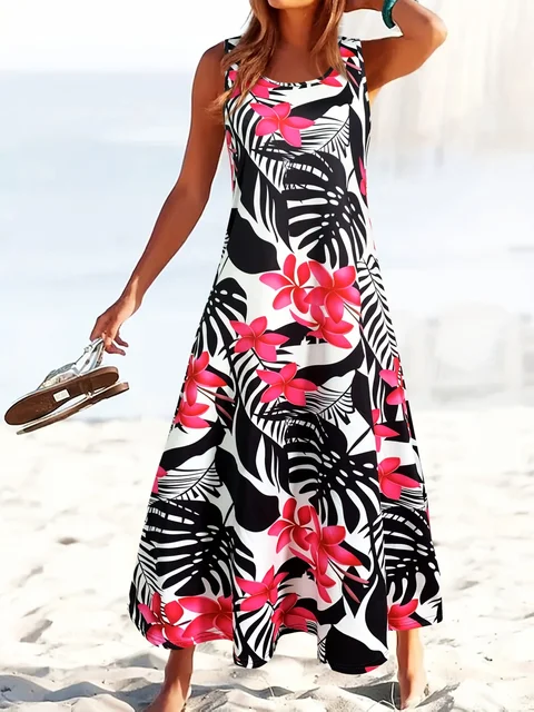 Vestido de Verano 2026, Estilo Bohemio, Sin Mangas, Maxi Vestido con Estampado Floral Vibrante, Cuello Redondo, Vestido Largo de Playa para Mujer, Estilo Hawaiano