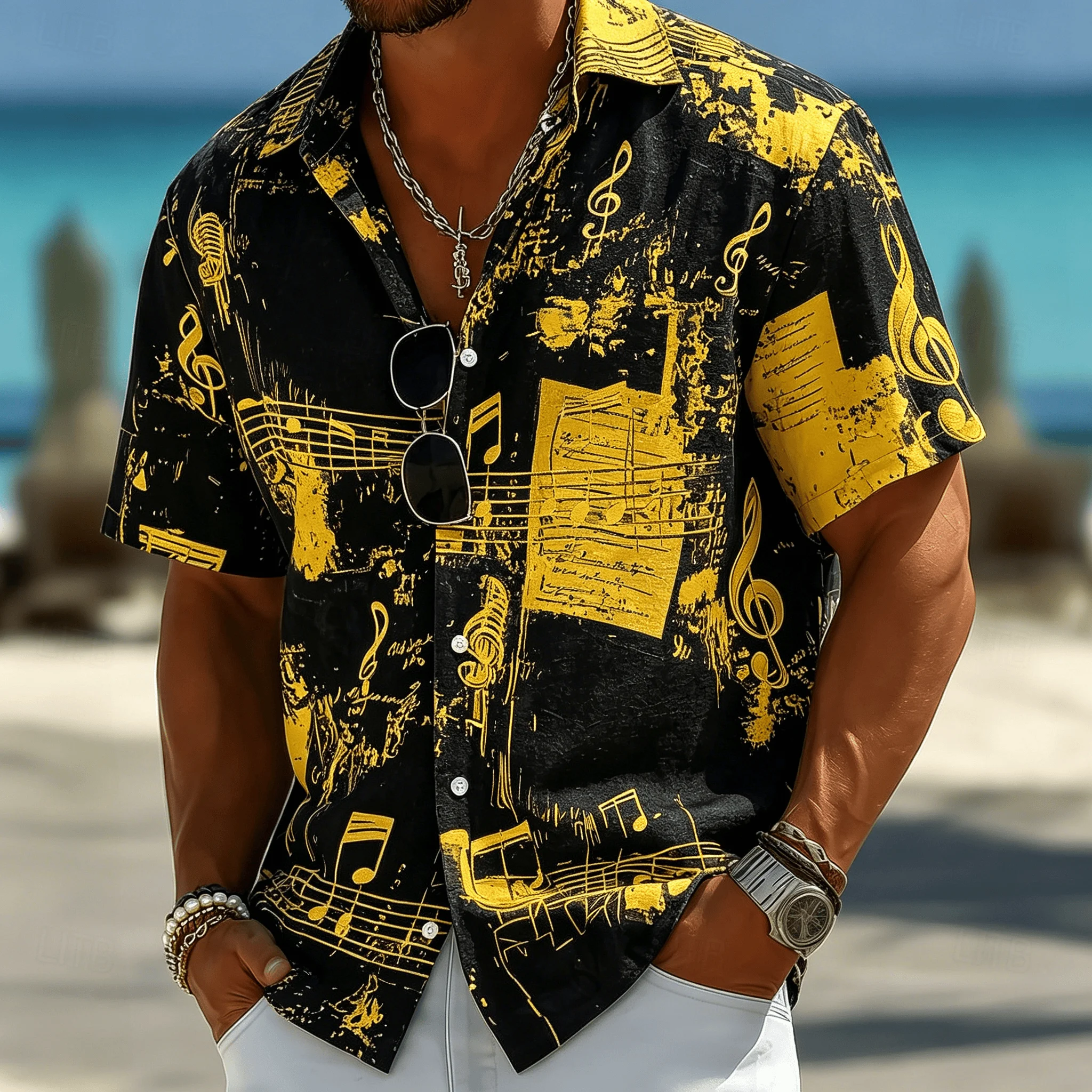 Men's Music Note Print Short Sleeve Shirt, Blue and Silver Style for Spring and Summer, Beach Vacation Casual Wear