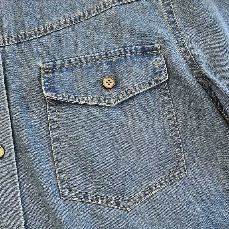 Camisa vaquera Retro para mujer, chaqueta de manga corta con solapa de un solo pecho, camisas informales azules versátiles a la moda para mujer