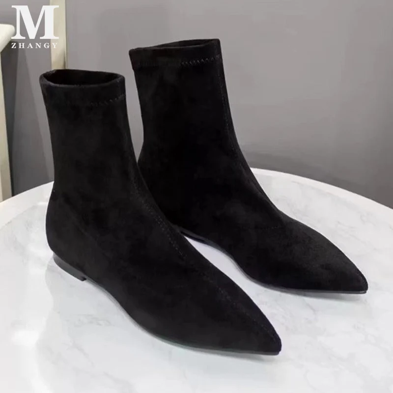 Pointed Toe Women Snow Ankle Boots Suede Flats Fashion Shoes Designer Chelsea Boots Trend New Goth Botas De Mujer