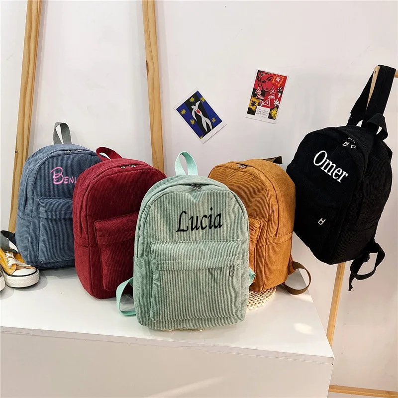 Personalised Embroidery Simple Backpack Corduroy School BackpacksSolid Color Casual Backpack School Bookbag Travel Backpack