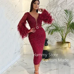 Burgundy Evening Dress Feathers Barwing Sleeves Deep V Neck Pearls Cocktail Party Gown Mid-calf Formal Mermaid Prom Dresses