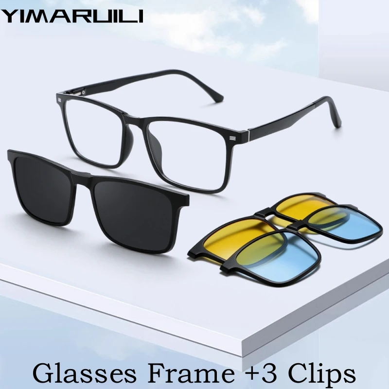 YIMARUILI Fashion Blg Size TR90 Polarized Magnetic Clip-on Glasses Women Square Optical Prescription Eyeglasses frame Men 6212