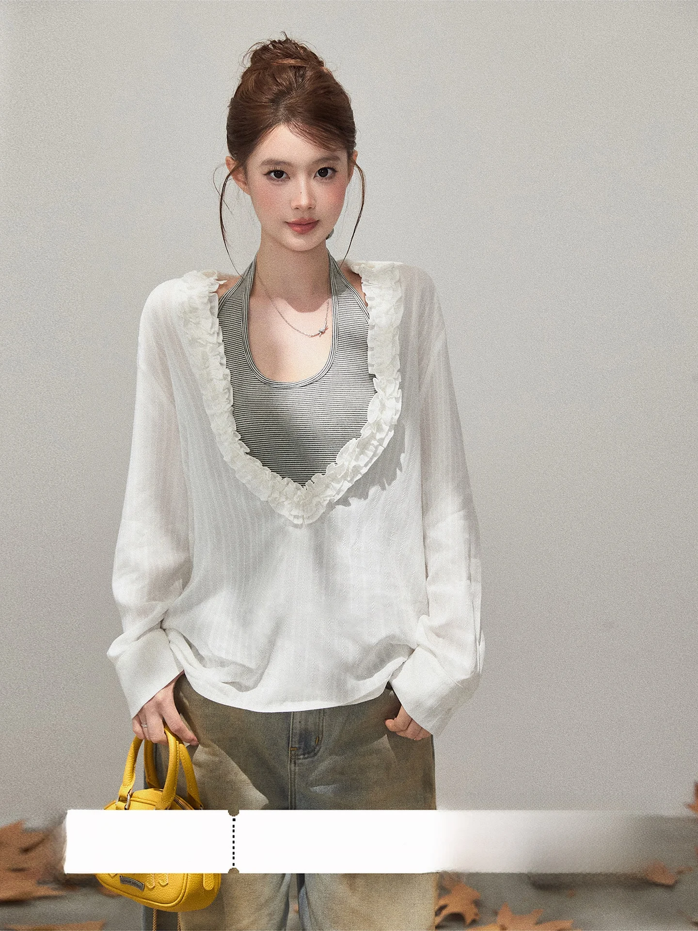 

Свободная длинная футболка в полоску V-Ne, женская осенняя верхняя одежда, дизайнерский топ, повседневный топ с защитой от солнца