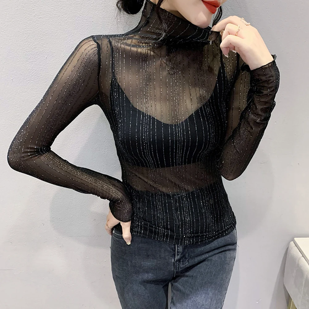 Sexy Mesh Shiny Long Sleeve T Shirt Women Transparent Club Party Black Tee Sexy Thin Female Bottoming Blouses S-2XL Shirts Tops