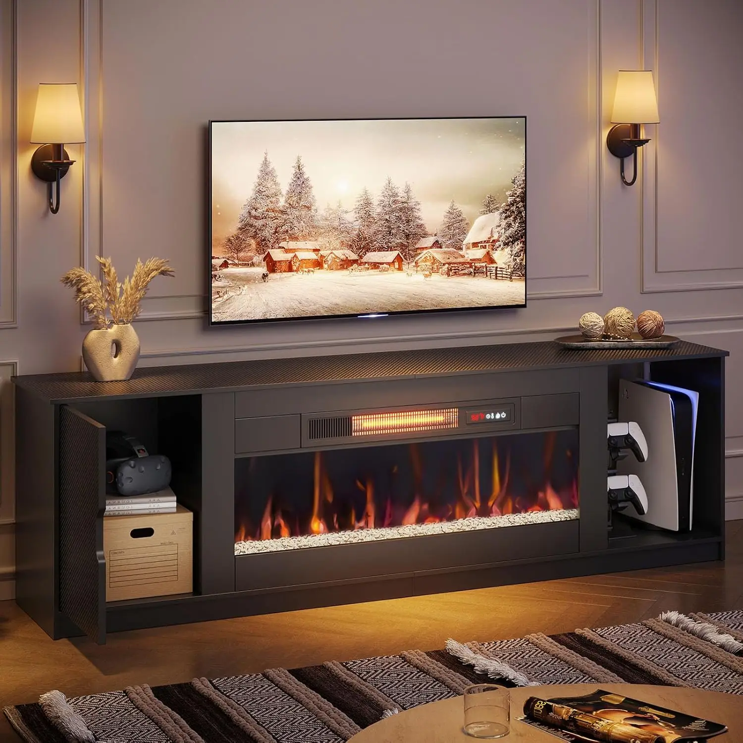 

70" Modern Fireplace TV Stand for TVs Up to 80" with LED Lights and Storage Cabinets,PS5 Entertainment Center for Living Room