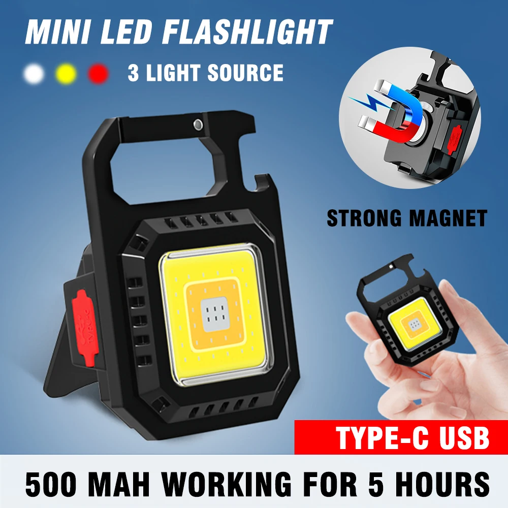 Mini LED Flashlight Work Light Portable Pocket Flashlight Keychains USB Rechargeable for Outdoor Camping Small Light Corkscrew