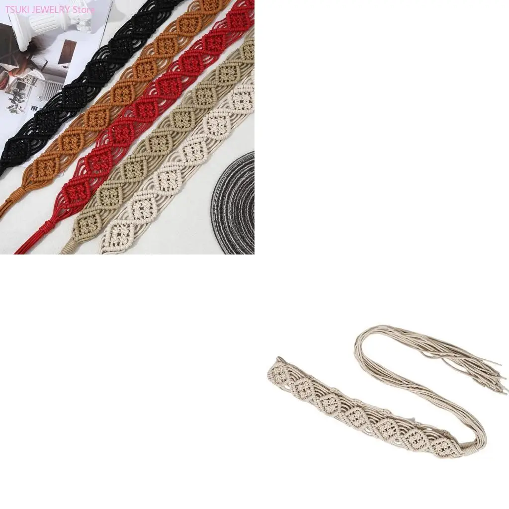 

62KE Woven Tassels Belt for Women Adjustable Wax Rope Waistband Ethnic Rope Belt for Teens Girl Female Bohemian Weave Belt