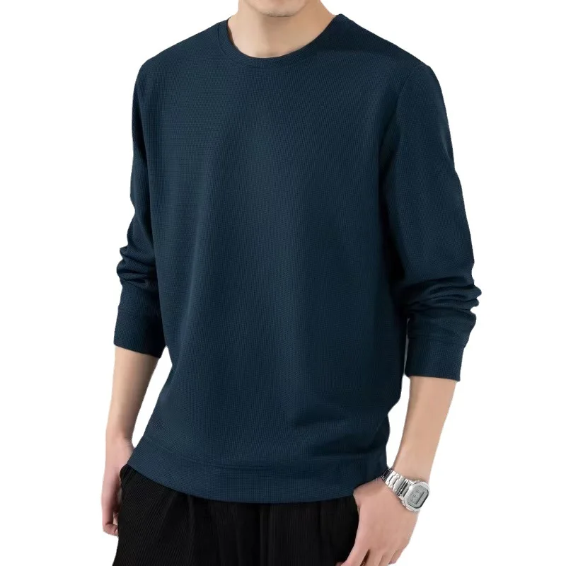 Waffle Sweatshirt Men's Loose Shirt Round Neck Hoodless Hoodie Long Sleeve Pullover Men's Base Shirt Check Sweatshirt