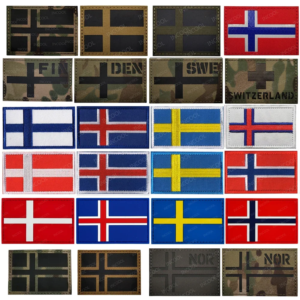 Haftowane flagi Szwajcaria Szwecja Norwegia Islandia Finlandia Dania Faroe Gumowe naszywki z flagą PVC Odblaskowe aplikacje na podczerwień Odznaki