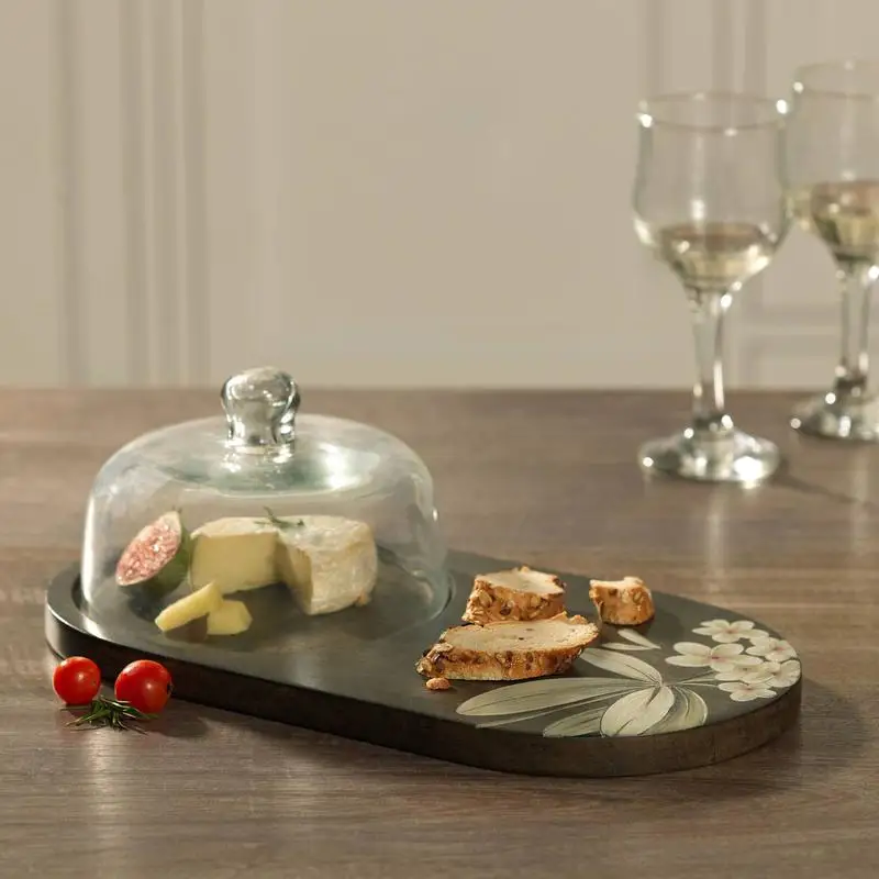 

Oval Wooden Serving Platter with Glass Cloche - Perfect for Entertaining and Displaying Foods, Ideal for Gifts and Home Decor