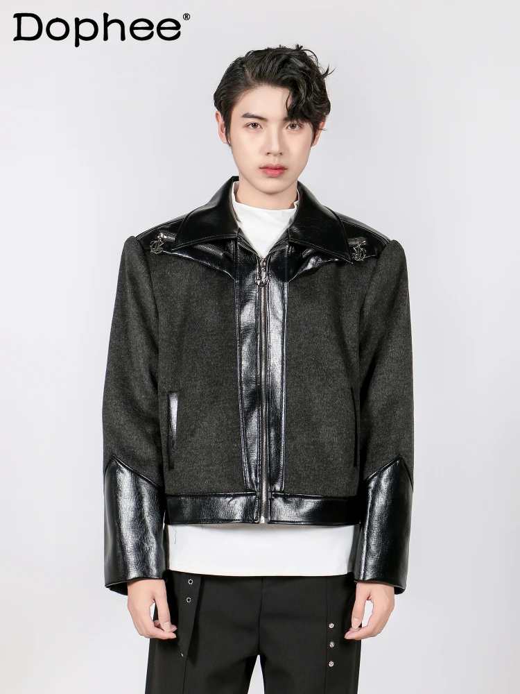 

Men's 2024 Autumn New High-end Chic Coats Male Splicing Contrast Color Jackets Men's Woolen Leather Handsome Zipper Short Jacket