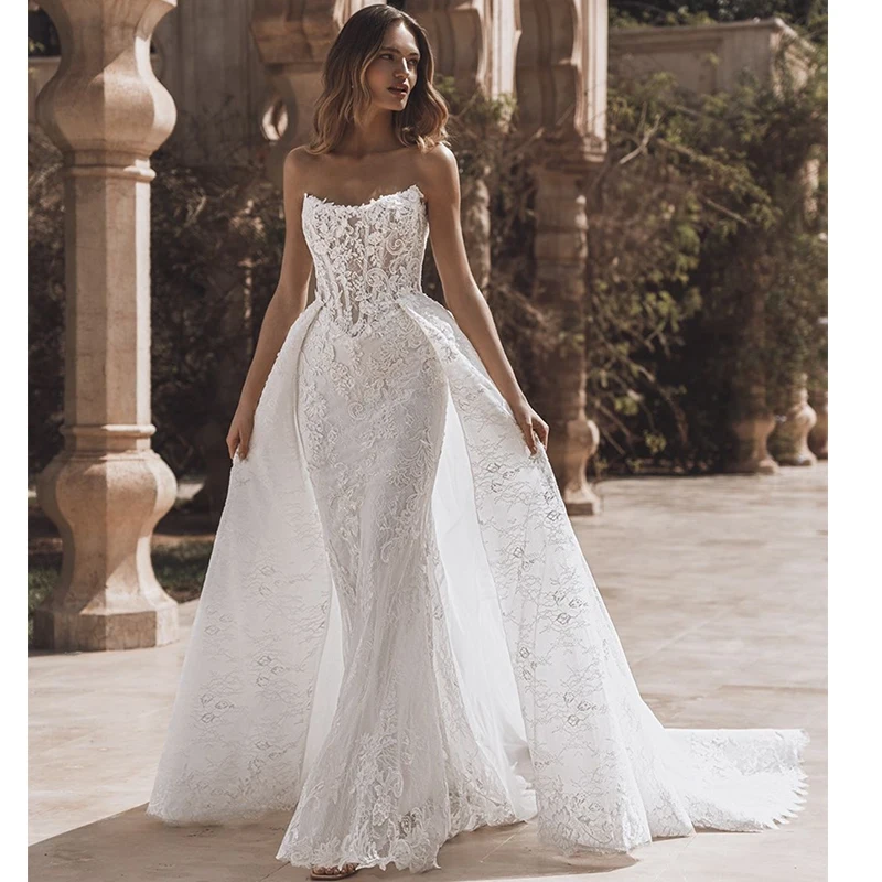

Exquisite Detachable Train Weddingdress Organza With Embroidery Mermaid Ballgown Sleeveless Strapless Customized Vestido De Novi