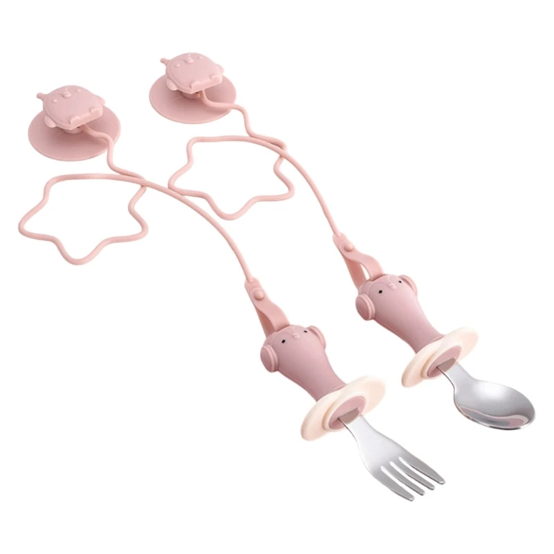 摂食トレーニング-スプーン-フォーク-チェーン-ベルト付き-ベビー-led-離乳器具セット-425f