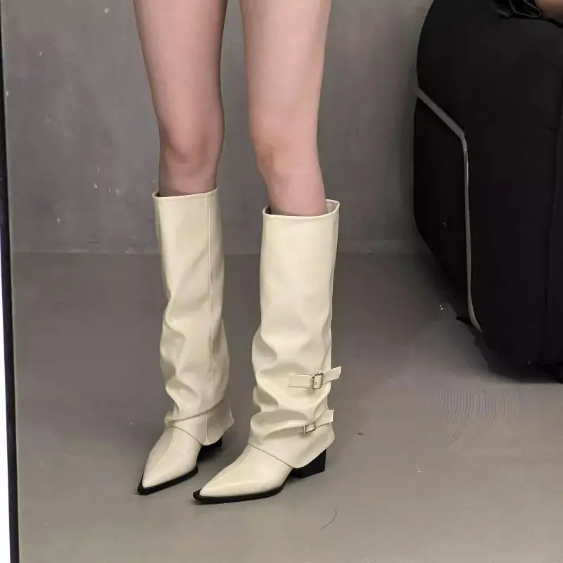 Vintage Thick Heel Woman Long Boots Shoes 2026 Spring Autumn Ladies Elegant Belt Buckle Knight Botas image 3