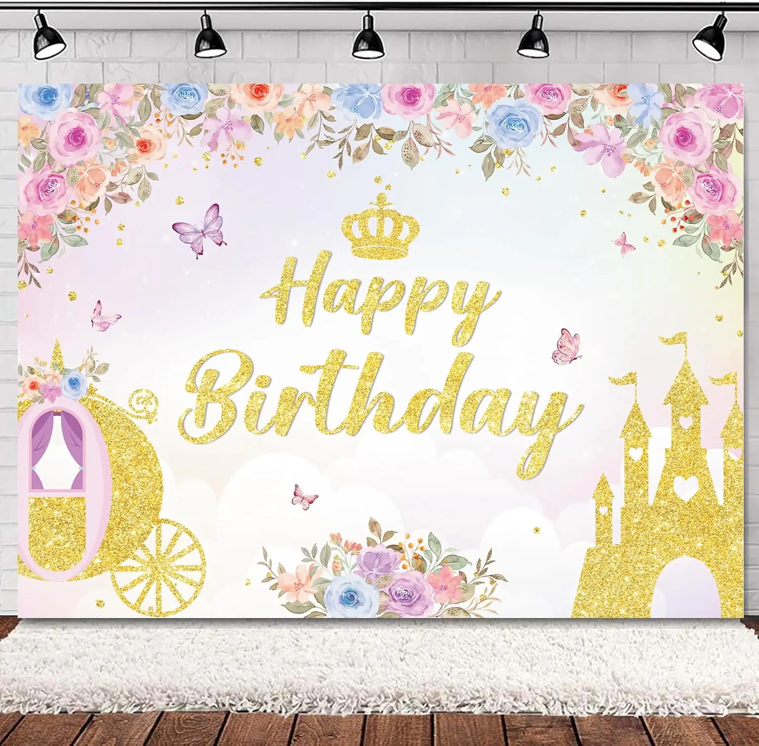 

Princess Girl gold Castle Carriage Fairy Tale Floral Butterfly cartoon birthday party photo background photography backdrops