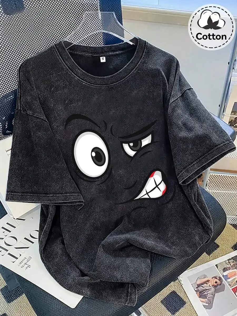 Retro Faded Black Oversize Soft Cotton Graphic Tee For Men Women, Cool Angry Cartoon Face Vintage Pattern, All-Match Everyday Stylish Tops, Novelty Funny Holiday Present