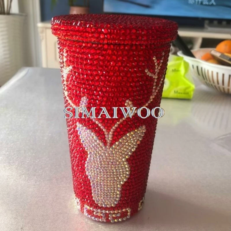 Bling Straw Cup Handmade Sparkling Deer Horn Print Stainless Steel 500ML Thermos Vaccum Christmas Red Green Mosaic Cross Stitch