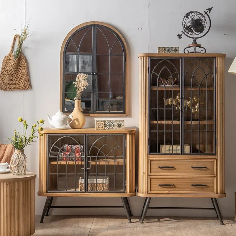 

American retro country dining side cabinet wrought iron glass door solid wood porch cabinet storage cabinet hotel homestay