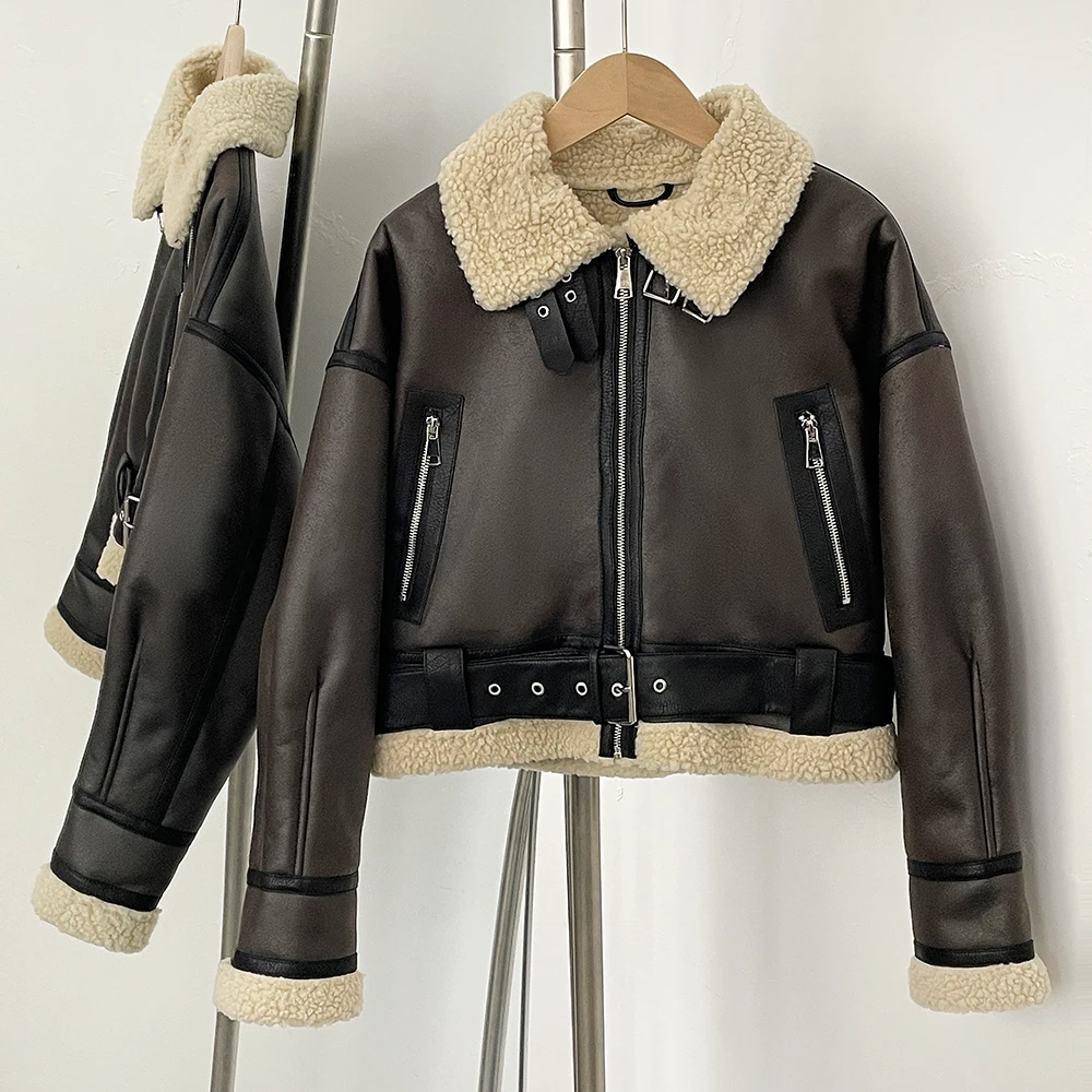 

Faux Fur Jacket Fashion 2025 Autumn Winter Woman Thick Warm Winter Vintage Long Sleeve Belt Hem Lambswool Suede Jacket Female