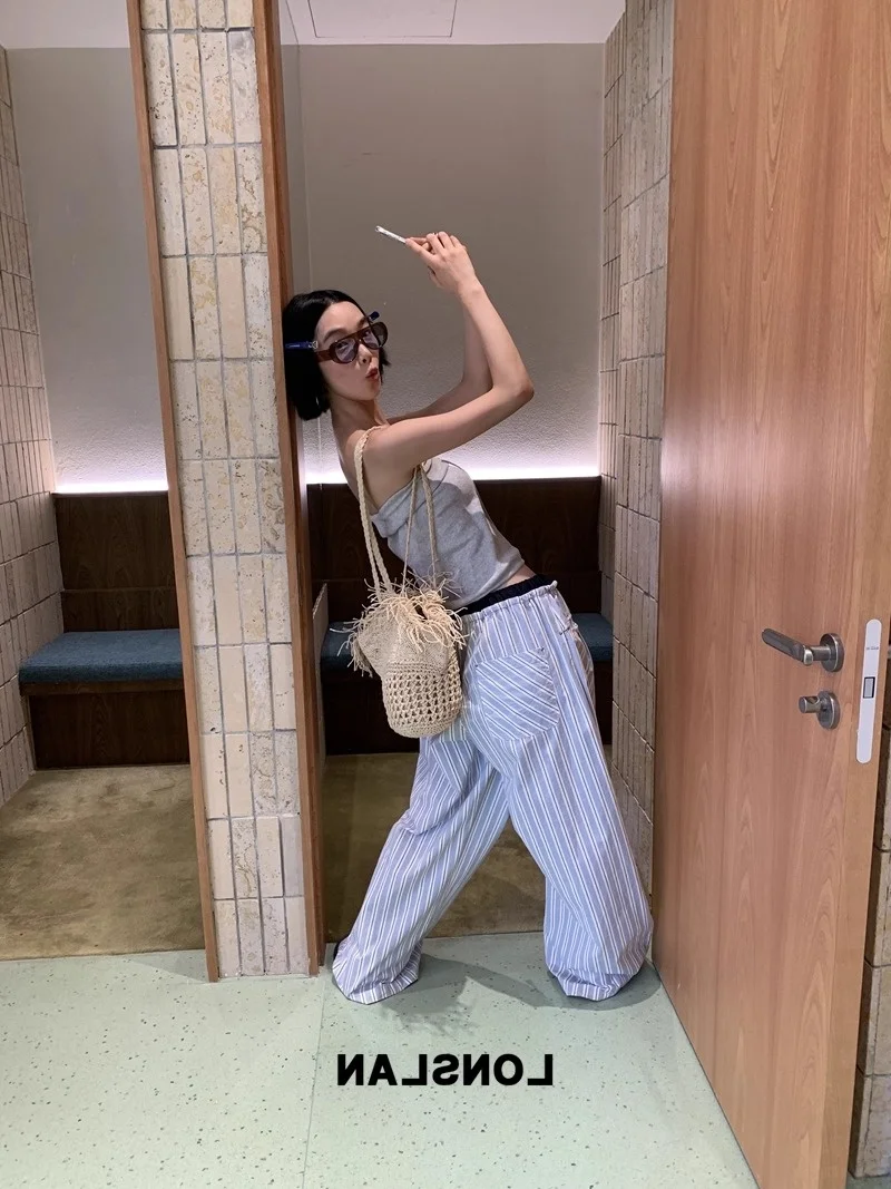 Blue Striped Wide Leg Pants Women's Summer 2025 New Dstring Elastic Waist Splicing Lazy Straight Casual Trousers