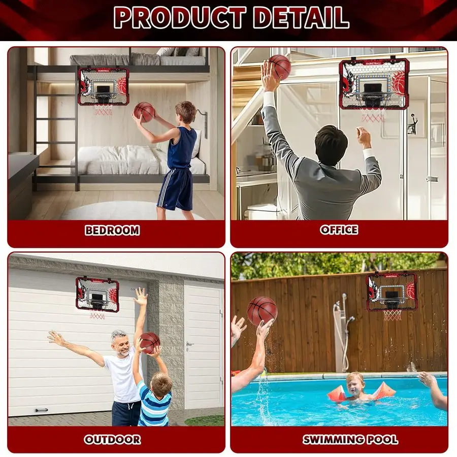 طوق كرة السلة للباب، 2025 ترقية طوق كرة السلة الداخلي مع أضواء LED ولوحة النتائج، تتضمن 3 كرات مضخة أمبير، ألعاب جي