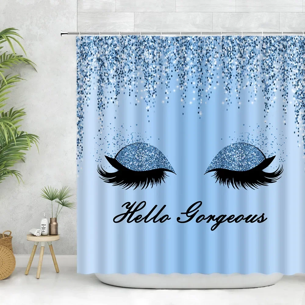 Eyelashes Shower Curtain Champagne Dripping Hello Gorgeous Lady Girl Creative Personality Printing Polyester Bath Curtain Hook