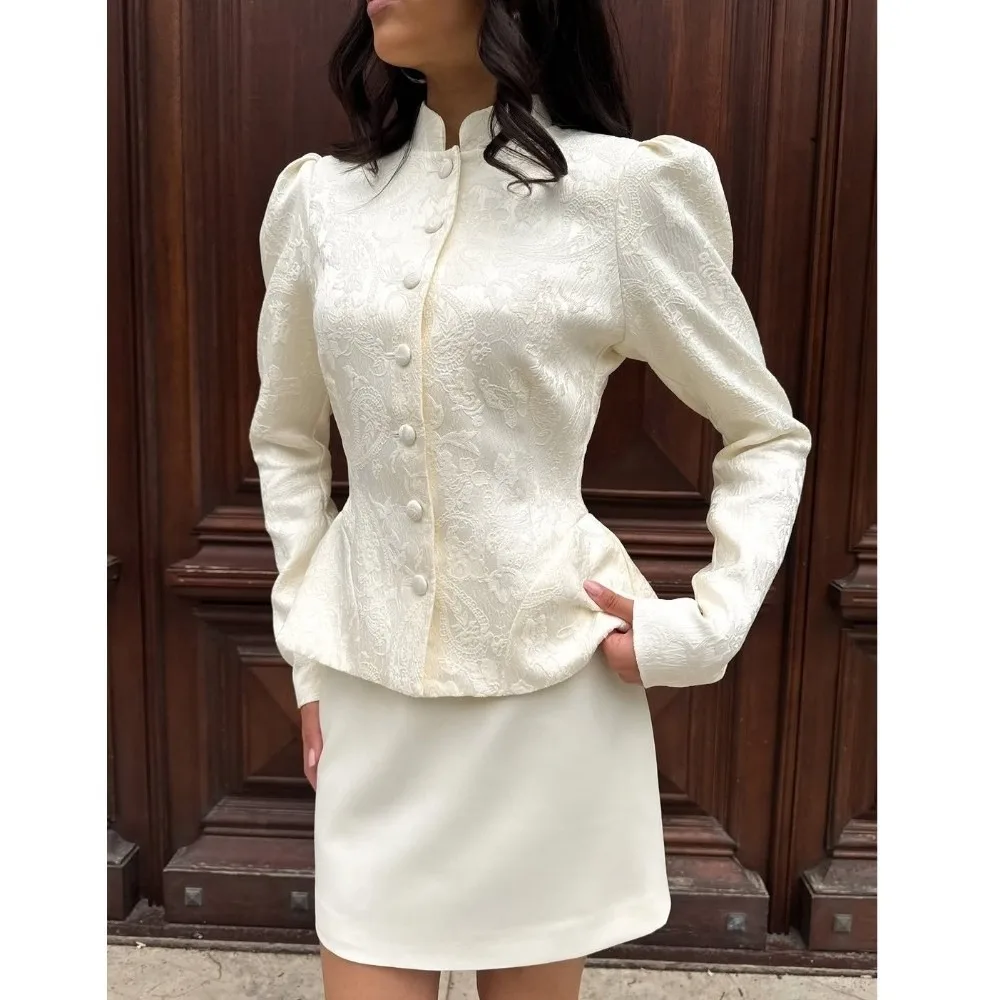 Stand Collar Jacquard Coat Waist Taper Puff Sleeve Puff Sleeve Blouse A Line Hem Autumn Winter Women Outerwear Daily Outing
