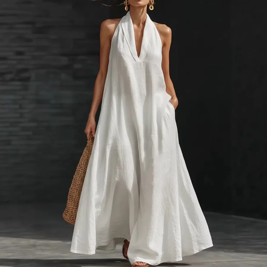 

【Новый стиль】Европейский и американский стиль - новое летнее женское повседневное платье 2026 года, однотонное, с V-образным вырезом.