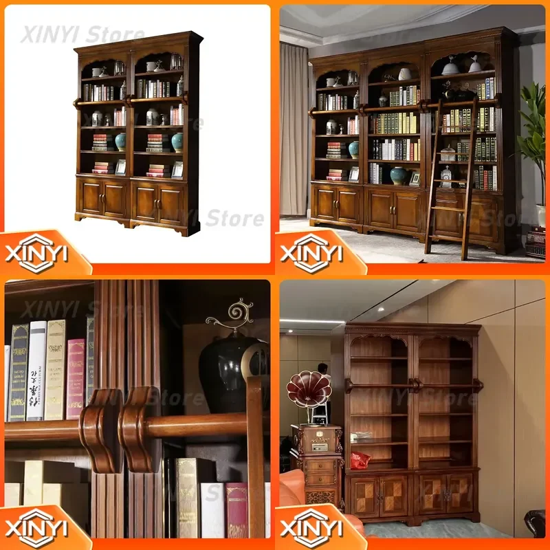 Custom High-end Luxury Wooden Bookcase for Home Office Living Room Library Study Room Display Shelf with Ladder Solid Wood