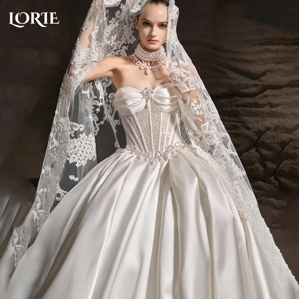 

LORIE Elegant Pearls Lace Wedding Dress Satin Bespoke Strapless Backless A-line Bridal Gown Sweep Train Plus Size Bride Dresses