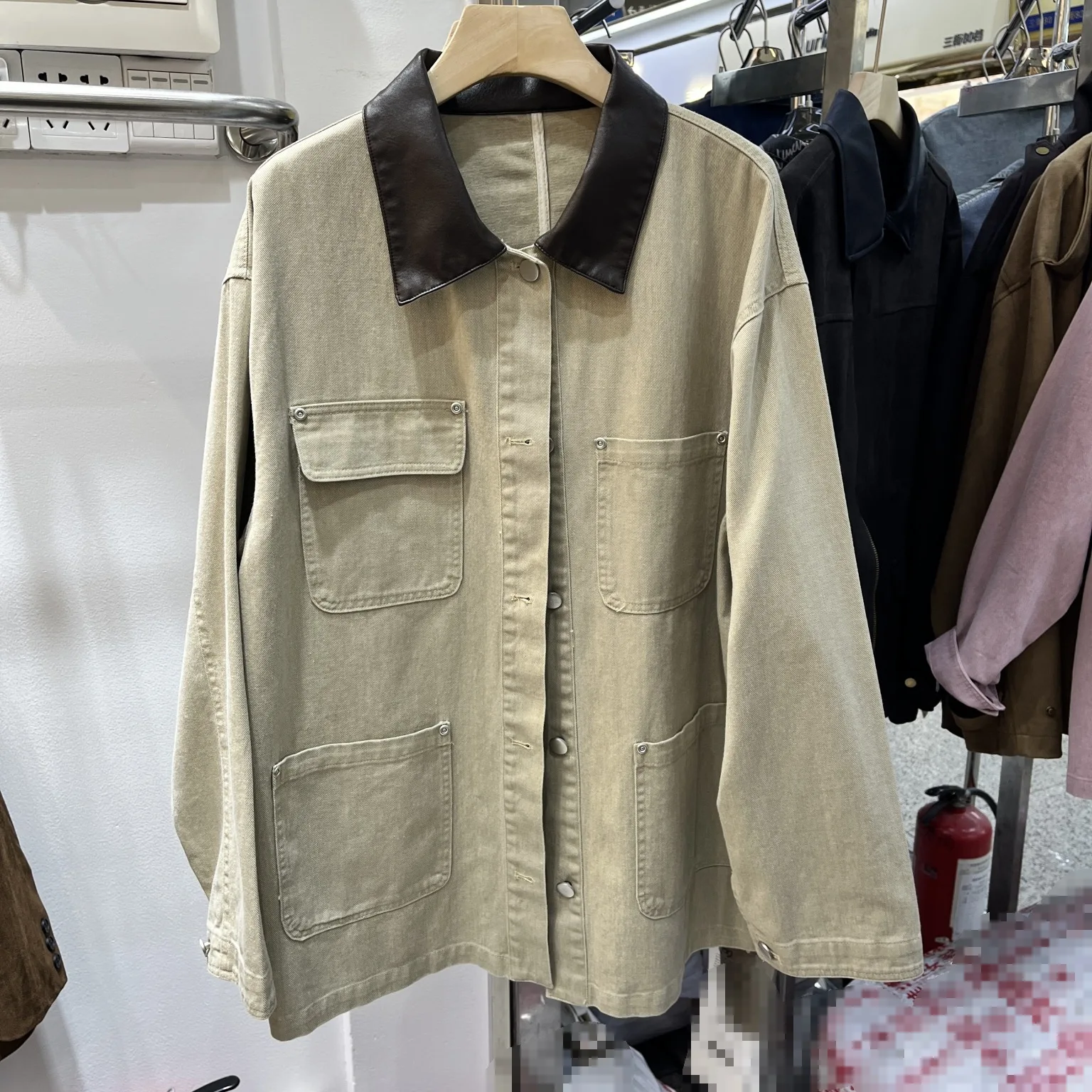 SuperAen printemps et automne 2025 nouveau Vintage PU col Polo Patchwork mi-long manteau pour femmes surdimensionné manteaux décontractés