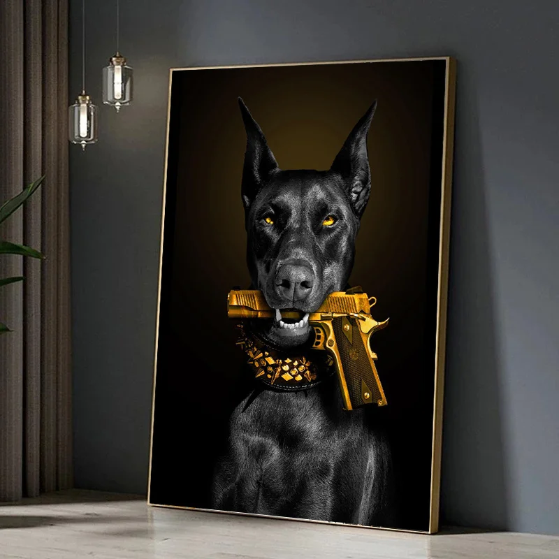 Modern Fashion Black Doberman Dog Lion with A Pistol Poster Canvas Painting Luxury Animal Wall Art Picture for Living Room Decor