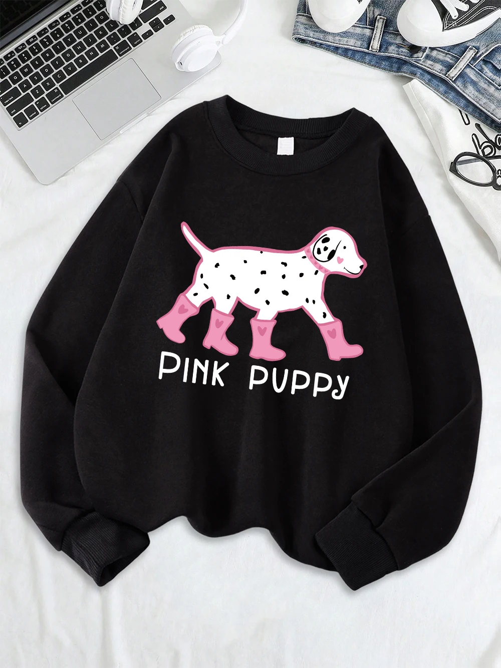 الكرتون الوردي جرو يطبع بلوزات المرأة فضفاضة عادية هوديي الصوف الدافئة Crewneck البلوز الشارع ملابس امرأة مريحة #1