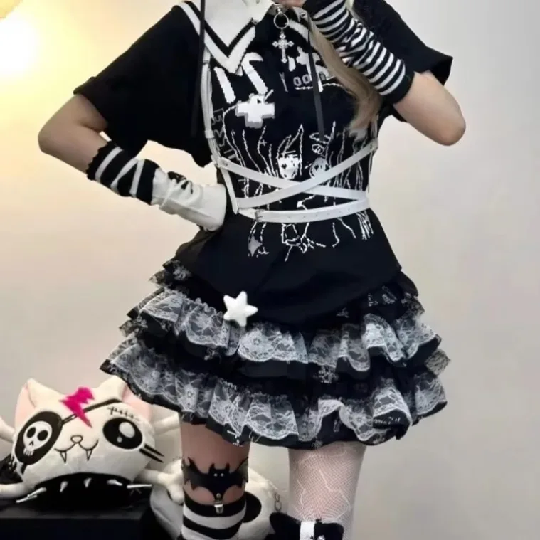 

Harajuku Punk Lace Ruched Black White Cake Skirts Skirt for Women Grunge High Waist 2025 Fashion Y2k Faldas Mujer