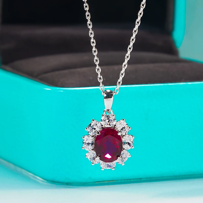 

QINHUAN Lab Oval Ruby Gemstone Pendants Necklace for Women S925 Sterling Silver Platinum Plated Clavicle Chain Luxury Jewelry