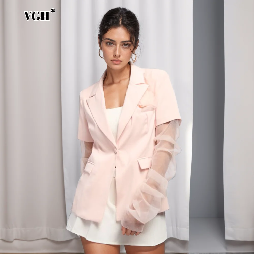 

VGH Solid Patchwork Mesh Blazer For Women Notched Collar Long Sleeve Single Breasted Spliced Pocket Loose Coats Female