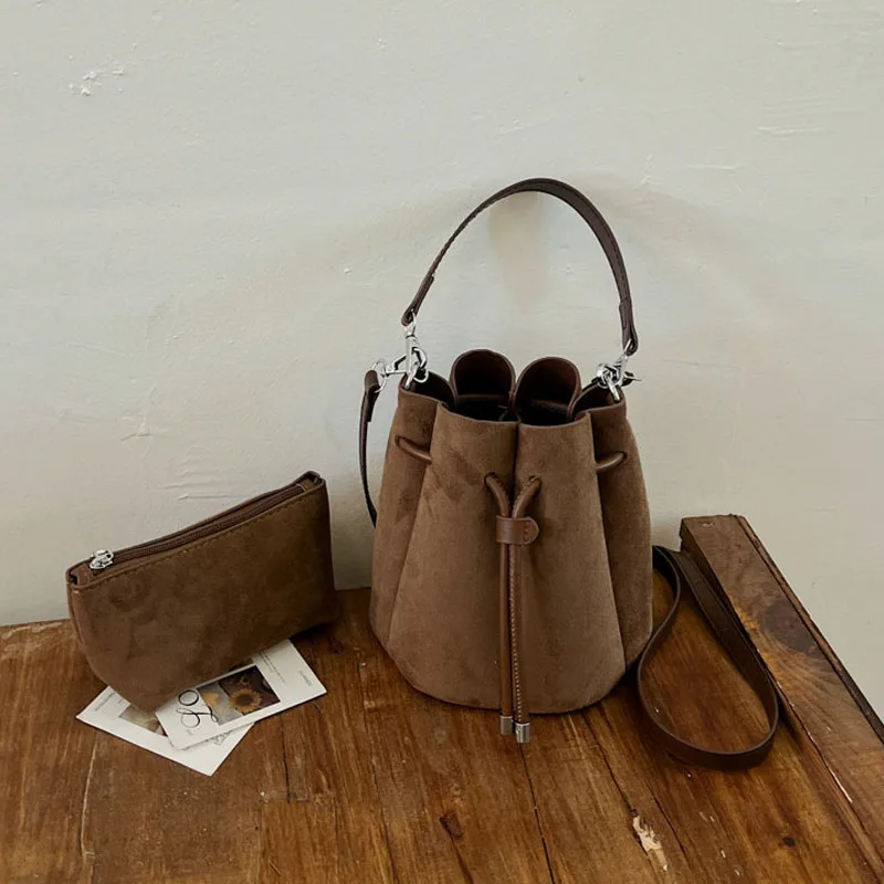 Faux Suede Flower Petal Bucket Bag for Women New Autumn Vintage Maillard Party Handbags Commuter Shoulder Crossbody Bags view 5
